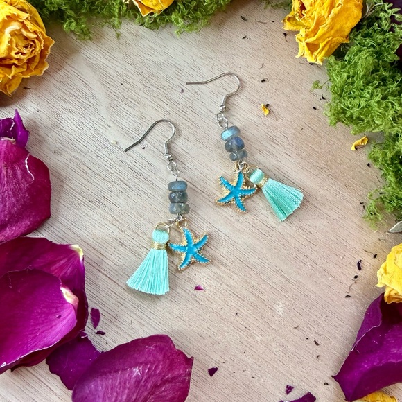 Jewelry - Handmade Labradorite Earrings with Starfish Charms